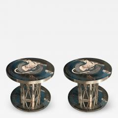  Faberg STUNNING PAIR OF NICKELED BRONZE INLAID STONE MODERN TABLES - 535247