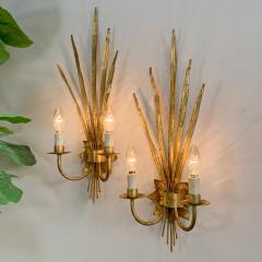  Ferro Art Pair Of Very Large 1950S Gold Reed Leaf Wall Lights By Ferro Art - 3387864