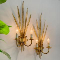  Ferro Art Pair Of Very Large 1950S Gold Reed Leaf Wall Lights By Ferro Art - 3387872