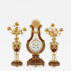  Festeau Le Jeune Antique Louis XVI style gilt bronze rouge marble and jewelled clock set - 3744987