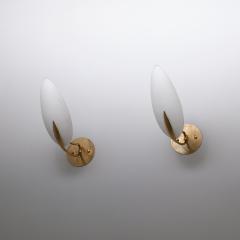  Fontana Arte FontanaArte Pair of 1950s Italian Brass Sconces with Almond Shaped Opaline Glass Shades - 4398176