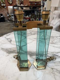  Fontana Arte FontanaArte Pair of Fontana Arte Style Brass and Blue Glass Table Lamps - 4611386