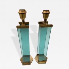  Fontana Arte FontanaArte Pair of Fontana Arte Style Brass and Blue Glass Table Lamps - 4614291