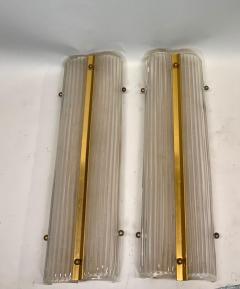  Fontana Arte FontanaArte Pair of Large Italian Mid Century Modern Glass and Brass Wall Lights Sconces - 4605911