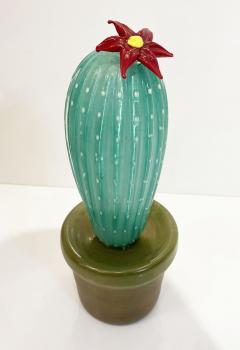  Fornace Mian 2000s Italian Green Gold Murano Art Glass Cactus Plant with Red Yellow Flower - 2596760