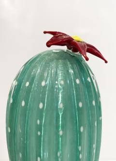  Fornace Mian 2000s Italian Green Gold Murano Art Glass Cactus Plant with Red Yellow Flower - 2596768