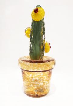  Fornace Mian 2000s Italian Green Murano Glass Cactus Plant with Yellow Flowers in Gold Pot - 2596750