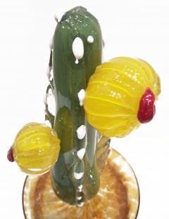  Fornace Mian 2000s Italian Green Murano Glass Cactus Plant with Yellow Flowers in Gold Pot - 2596751