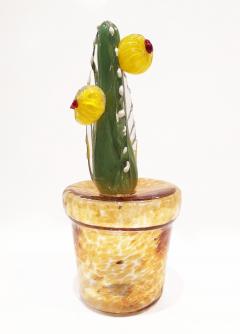  Fornace Mian 2000s Italian Green Murano Glass Cactus Plant with Yellow Flowers in Gold Pot - 2596757