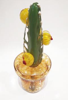  Fornace Mian 2000s Italian Green Murano Glass Cactus Plant with Yellow Flowers in Gold Pot - 2596758