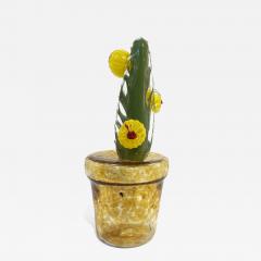  Fornace Mian 2000s Italian Green Murano Glass Cactus Plant with Yellow Flowers in Gold Pot - 2602497