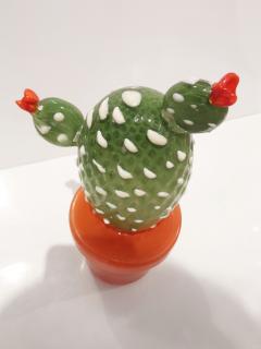  Fornace Mian Modern Italian Green White Gold Orange Murano Glass Cactus Plant Red Flowers - 2598658