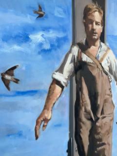  Geiler Gonzalez Cuban American Artist Geiler Gonzalez Painting on Canvas Man on NYC Beam  - 3609321