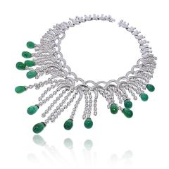  Graff Graff 18K White Gold Green Emerald And Diamond Spray Cascade Sugarloaf Necklace - 4541809