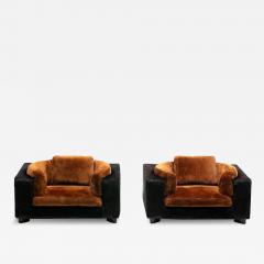 Gucci Gucci Monumental 1970s Club Chairs in New Black Cowhides and Chocolate Shearling - 4344389