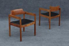  Gunlocke Set of 6 Solid Quartersawn Oak Arm or Dining Chairs in Black Leather by Gunlocke - 3442417