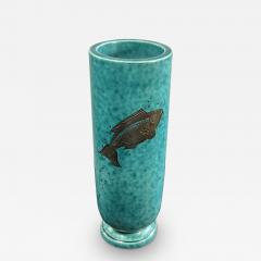  Gustavsberg ART DECO AQUA CERAMIC AND SILVER FISH VASE BY GUSTAVBERG - 3409797