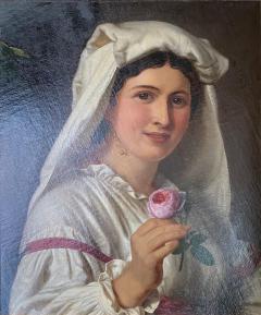  Hammer Antique English Oil Canvas of a Young Girl Holding a Rose After William Hammer - 3727925