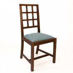  Heal s Heals Heal Son Ltd Heals Set of 4 Arts Crafts oak lattice back dining chairs blue Damask seats - 4183272