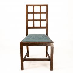  Heal s Heals Heal Son Ltd Heals Set of 4 Arts Crafts oak lattice back dining chairs blue Damask seats - 4183273