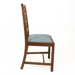  Heal s Heals Heal Son Ltd Heals Set of 4 Arts Crafts oak lattice back dining chairs blue Damask seats - 4183275