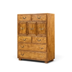  Henredon Furniture Henredon Campaign Mid Century Oak and Brass Highboy Dresser Armoire - 4735974