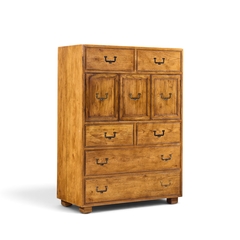  Henredon Furniture Henredon Campaign Mid Century Oak and Brass Highboy Dresser Armoire - 4738217
