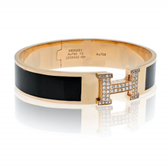  Herm s HERMES 18K YELLOW GOLD CLIC CLAC H DIAMOND BLACK ENAMEL BRACELET - 3715743