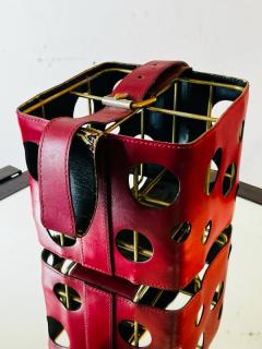  Herm s MODERNIST FRENCH RED PLEATHER AND BRASS WINE HOLDER IN THE STYLE OF HERMES - 2822303