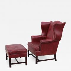  Hickory Chair Co 1960s Red Leather Wing back Chair And Ottoman By Hickory Chair - 2323873