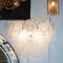  High Style Deco Pair of Modernist 14 Disc Sconces in Handblown Murano Clear Glass - 1579437