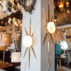  High Style Deco Pair of Modernist Starburst Brass and Handblown Murano Frosted Glass Sconces - 1579022
