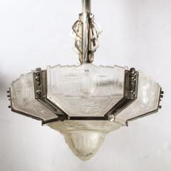  Hugue Art Deco Skyscraper Style Chandelier in Silvered Bronze Frosted Glass by Hugue - 2908823