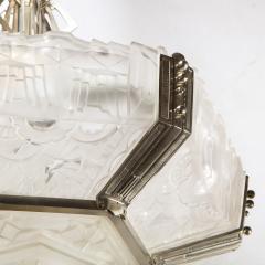  Hugue Art Deco Skyscraper Style Chandelier in Silvered Bronze Frosted Glass by Hugue - 2908913