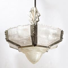  Hugue Art Deco Skyscraper Style Chandelier in Silvered Bronze Frosted Glass by Hugue - 2908963