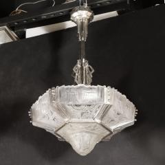  Hugue Art Deco Skyscraper Style Chandelier in Silvered Bronze Frosted Glass by Hugue - 3926294