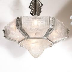  Hugue Art Deco Skyscraper Style Chandelier in Silvered Bronze Frosted Glass by Hugue - 3926298