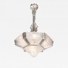  Hugue Art Deco Skyscraper Style Chandelier in Silvered Bronze Frosted Glass by Hugue - 3930880