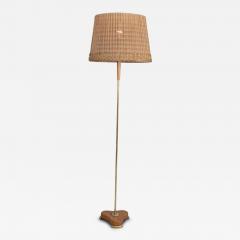  Idman Oy Finnish Modern Floor Lamp Model 224 in Elm Brass Rattan Stockmann 1950s - 4497285
