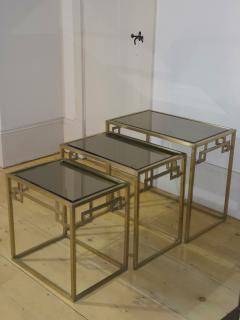 Italian Workshop Italian 1970s Nest of Three Brass Greek Key Side Tables Beveled Mirror Tops - 4432977