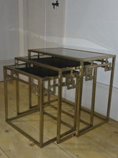  Italian Workshop Italian 1970s Nest of Three Brass Greek Key Side Tables Beveled Mirror Tops - 4432979