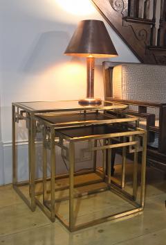  Italian Workshop Italian 1970s Nest of Three Brass Greek Key Side Tables Beveled Mirror Tops - 4432980