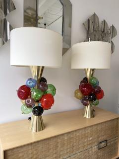 Italian workshop Contemporary Pair of Brass Murano Glass Sputnik Tutti Frutti Lamps Italy - 2350318
