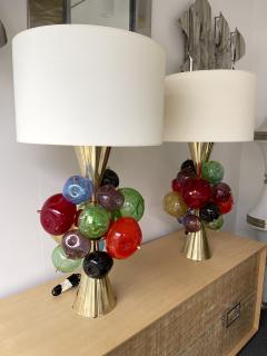  Italian workshop Contemporary Pair of Brass Murano Glass Sputnik Tutti Frutti Lamps Italy - 2350325