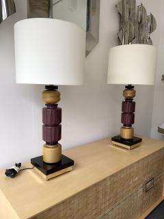 Italian workshop Contemporary Pair of Brass Murano Glass Totem Lamps Italy - 2347847