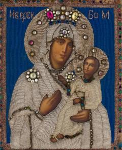  Iverskaya Panagia Portaitissa Antique Russian beaded icon after the Iverskaya - 3619496