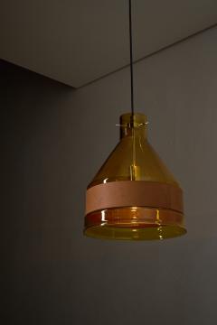  J T Kalmar Kalmar Lighting Amber Glass and Leather Pendant Lamp 1970s - 4499238