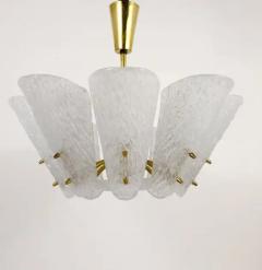  J T Kalmar Kalmar Lighting J T Kalmar Midcentury Brass Chandelier White Textured Glass 1950s - 4042060