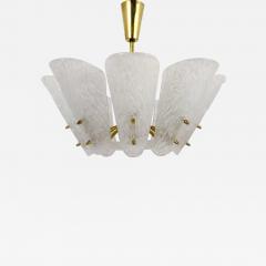  J T Kalmar Kalmar Lighting J T Kalmar Midcentury Brass Chandelier White Textured Glass 1950s - 4044081