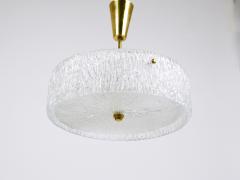  J T Kalmar Kalmar Lighting J T Kalmar Round Textured Glass Ring Brass Chandelier Pendant Lamp 1950s - 4222471